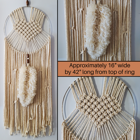 Feather and Heart Macrame Wall Hanging - Light Beige