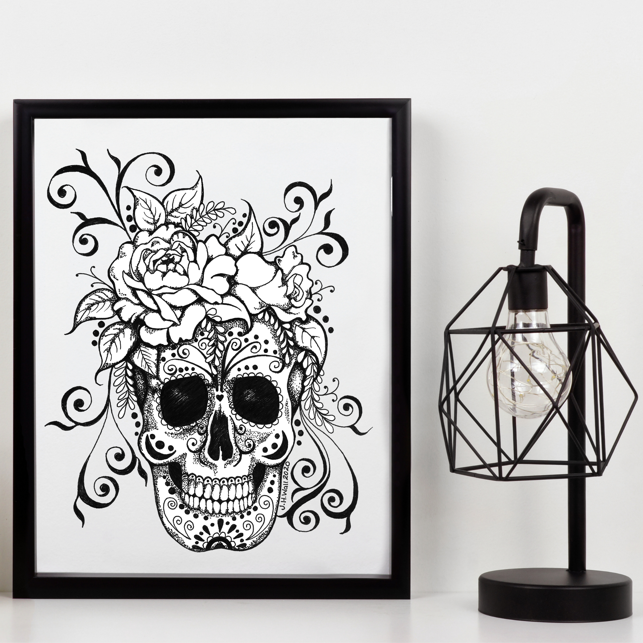 Black and White Floral Skull Printable Art