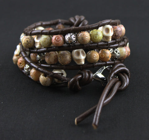 Mixed Metal and Stone Skull Wrap Bracelet