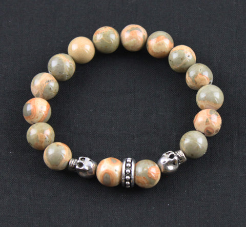Twin Metal Skull African Map Jasper Stretch Bracelet