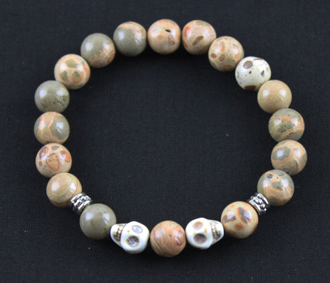 Twin Skull African Map Jasper Stretch Bracelet