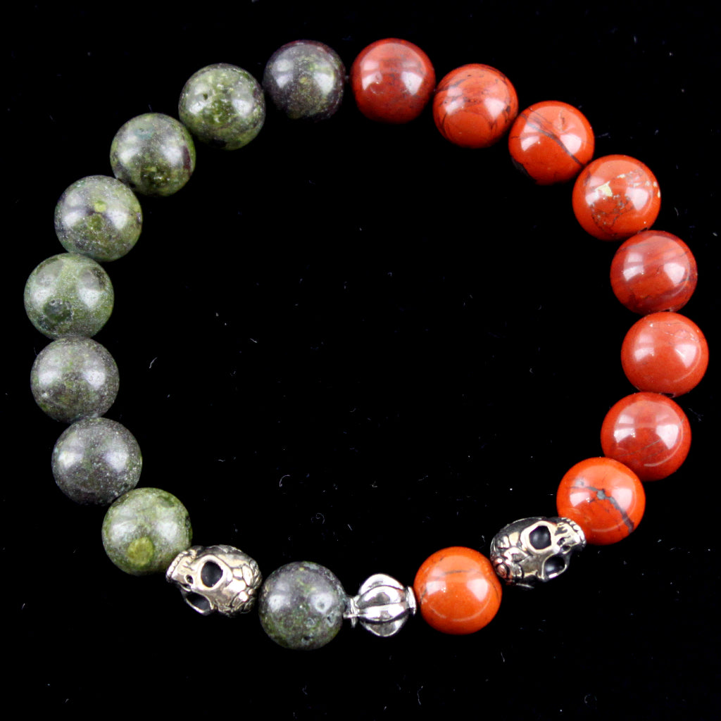 Mixed Jasper and Metal Skull Stretch Bracelet