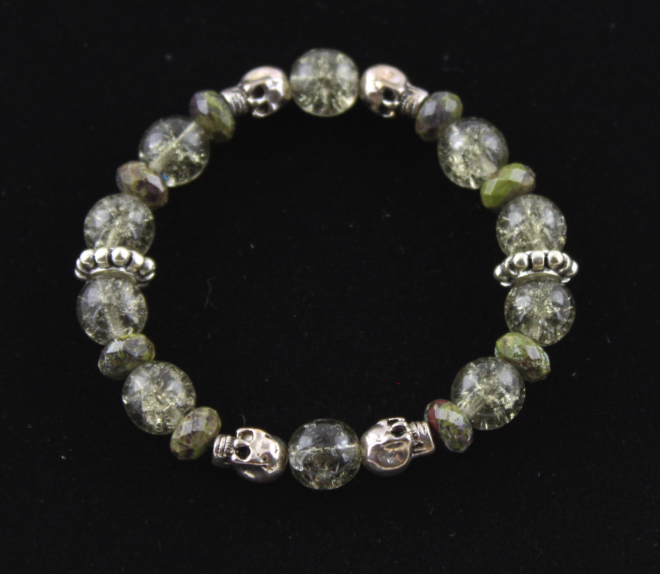 Shades of Silver and Grey Skull Bracelet with Dragon Blood Jasper Accents