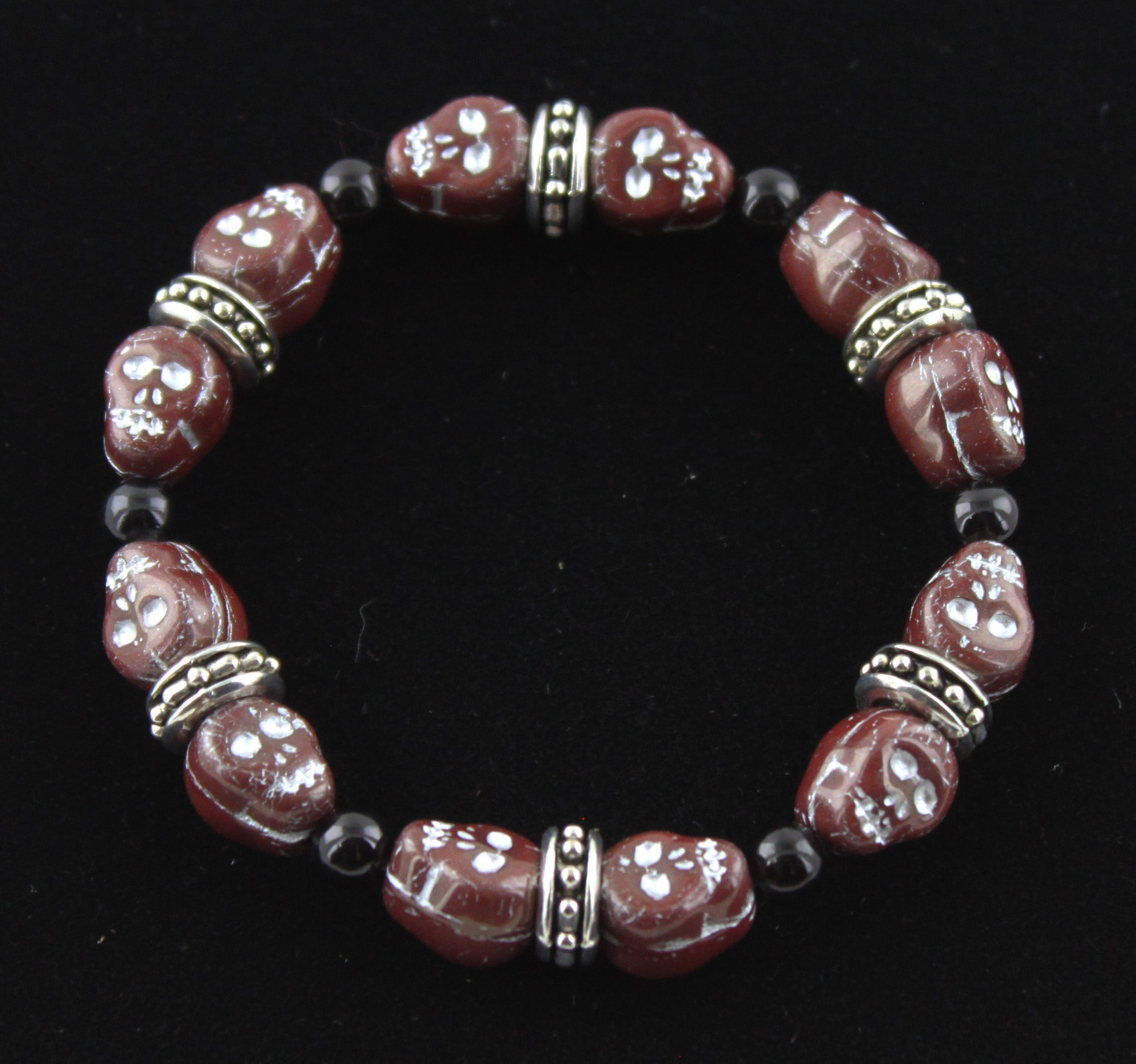 Deep Red & Black Skull Bracelet with Silver Accents