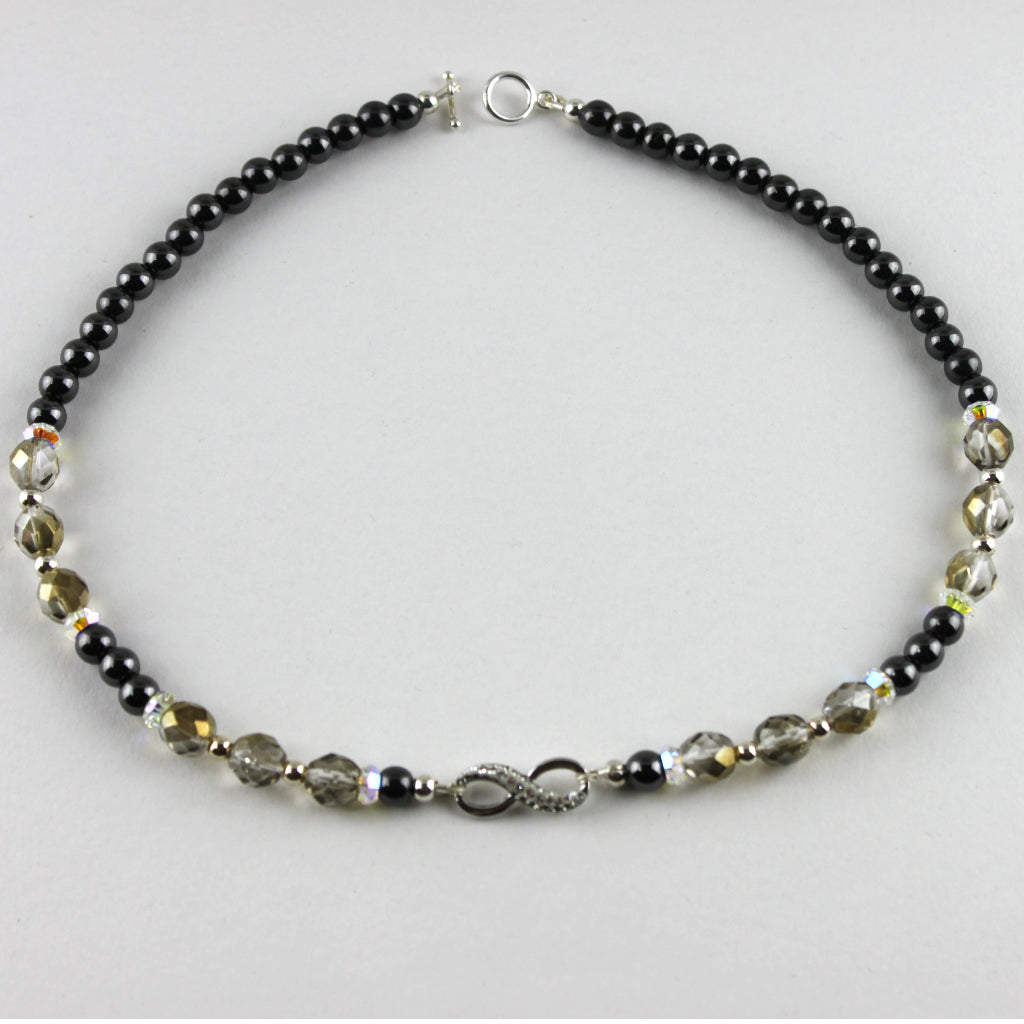 Czech Glass and Magnetic Hematite Infinity 16" Necklace
