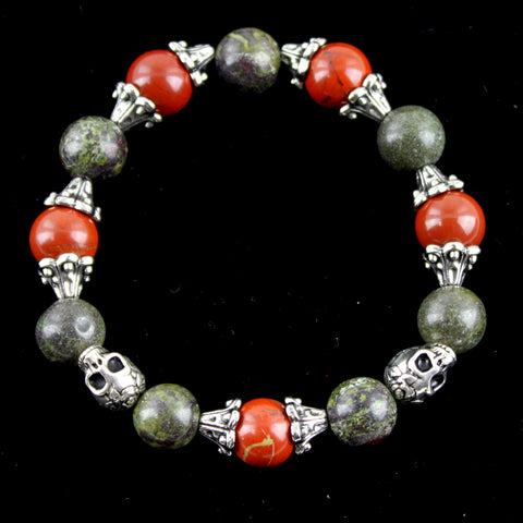 Vintage Mixed Metal, Red Jasper and Dragon Blood Jasper Skull Bracelet