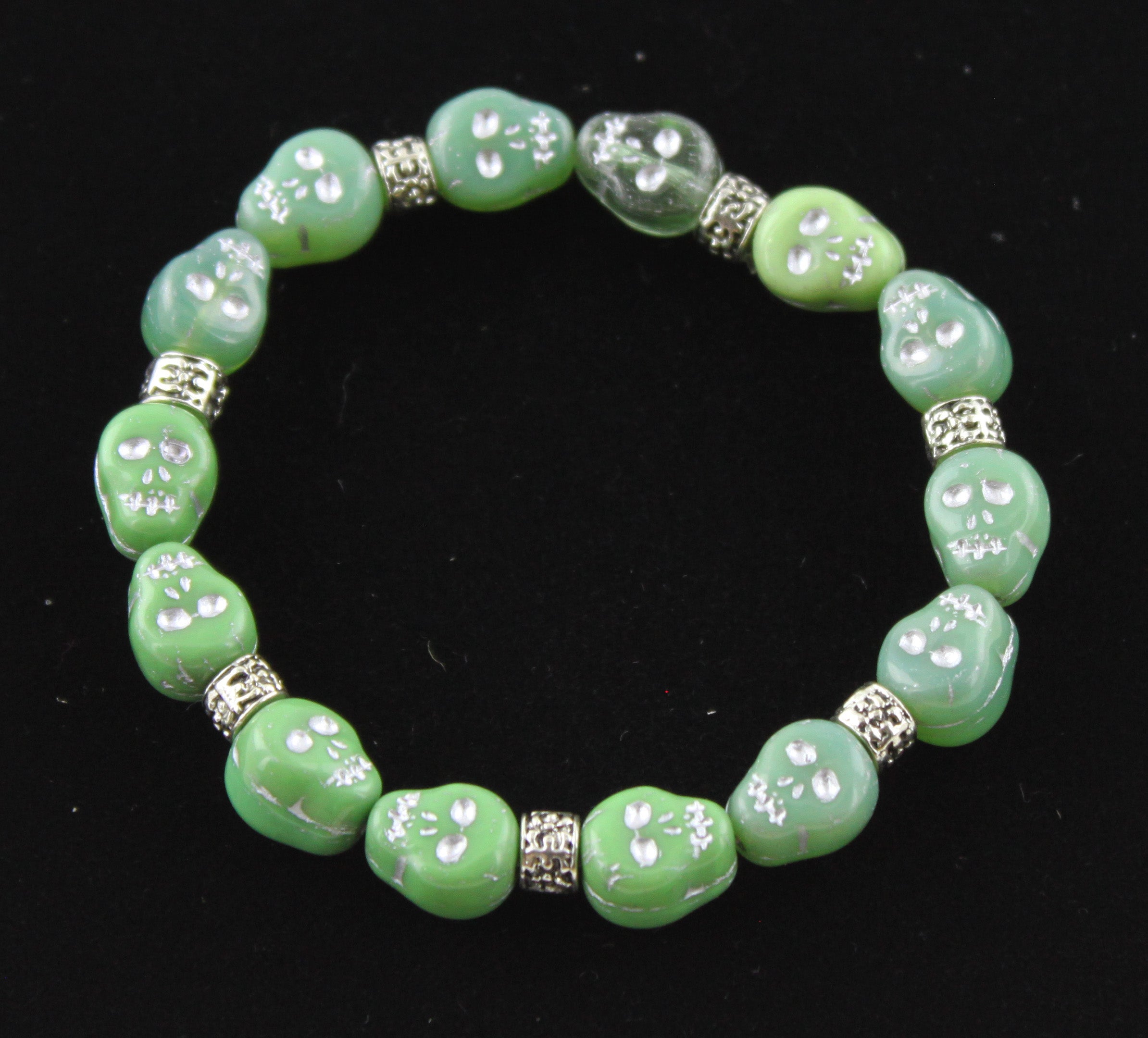 Glass Bead Toxic Green Skull Bracelet