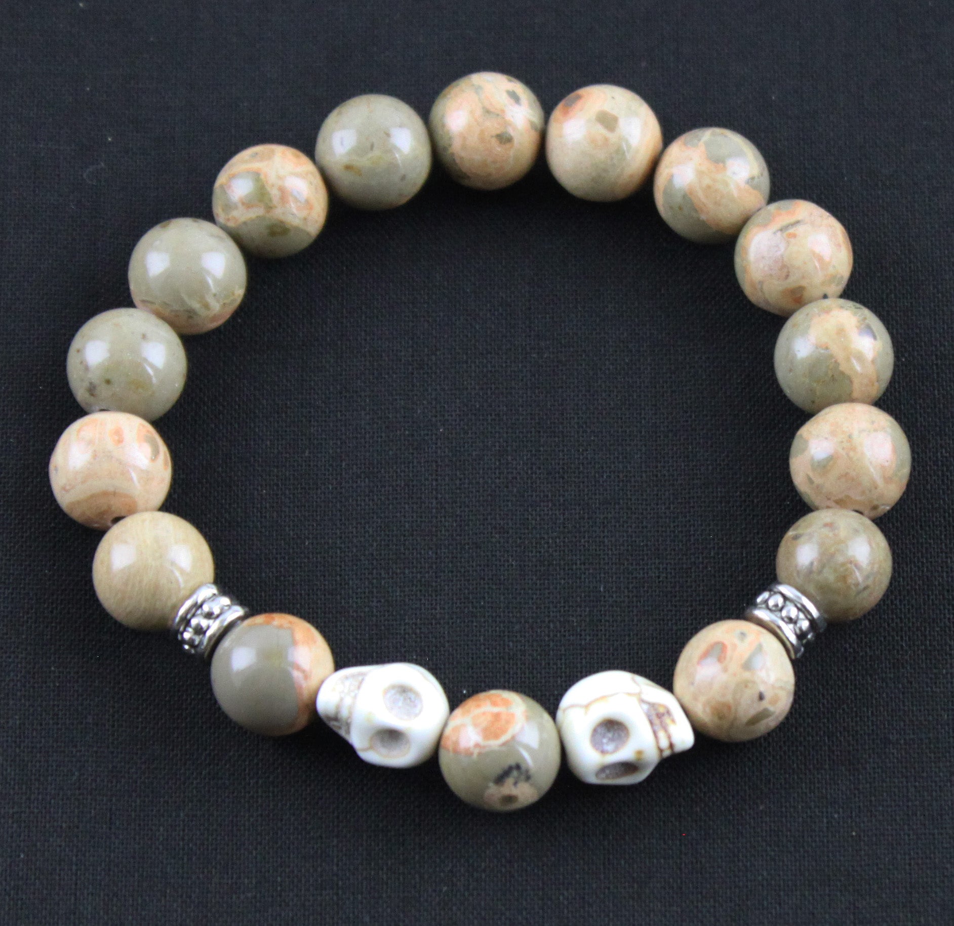 Double Skull with African Map Jasper Stretch Bracelet